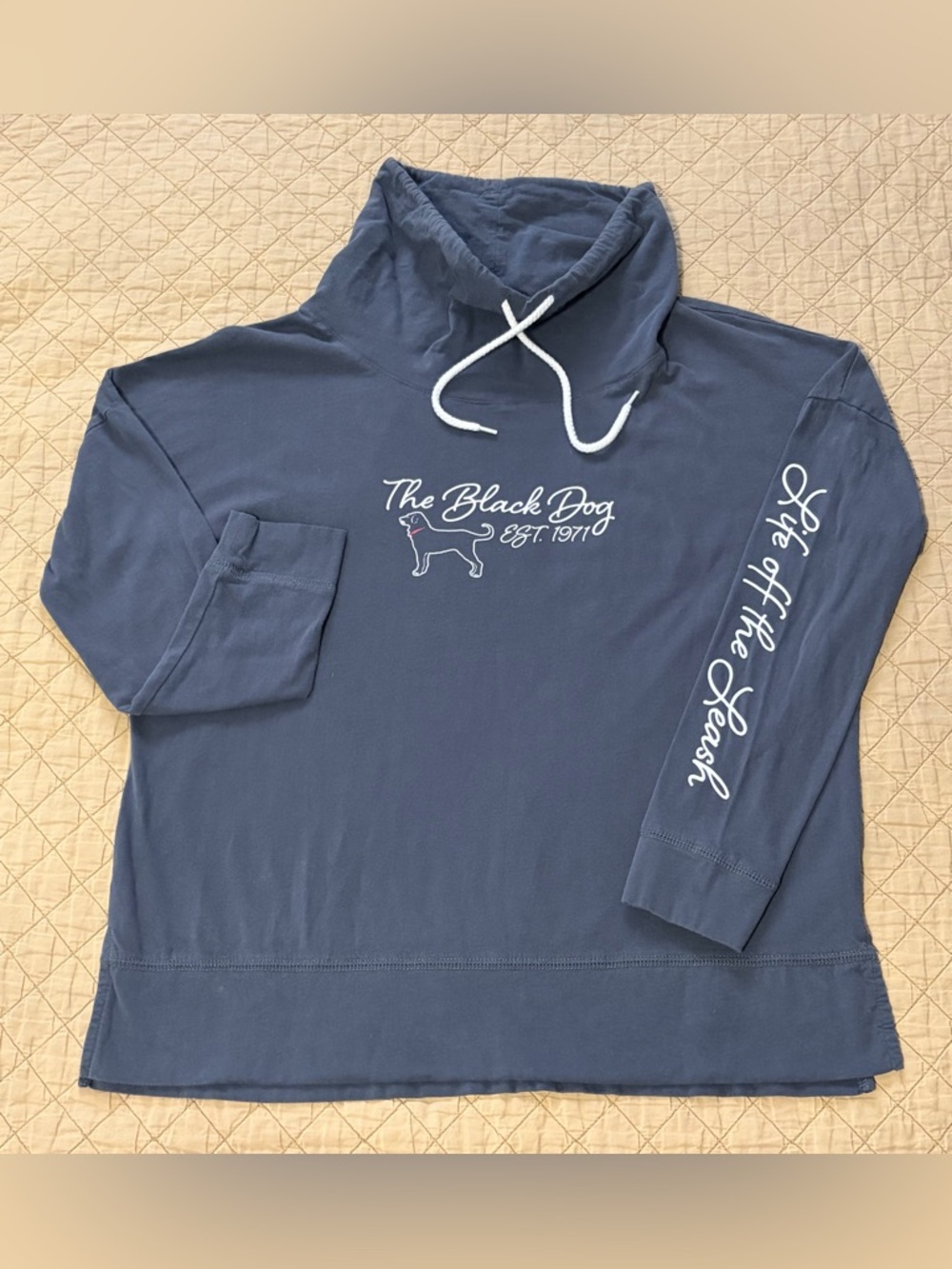 The Black Dog Navy Funnel-Neck Pullover with White Script